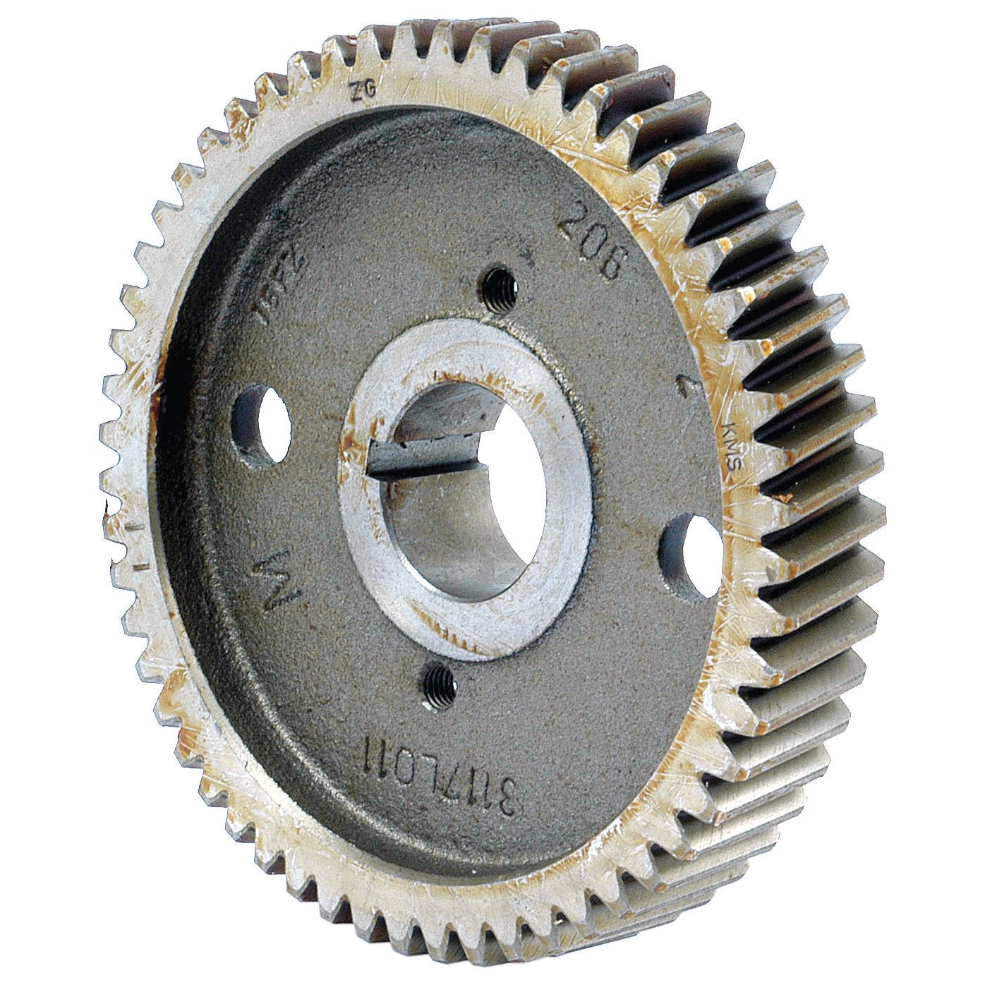 A close-up image of a Camshaft Gear - S.40522 by Sparex features teeth along its circumference and a central hole with notches for fitting onto a shaft. The partially worn surface of the gear boasts markings indicative of quality often associated with Massey Ferguson machinery.