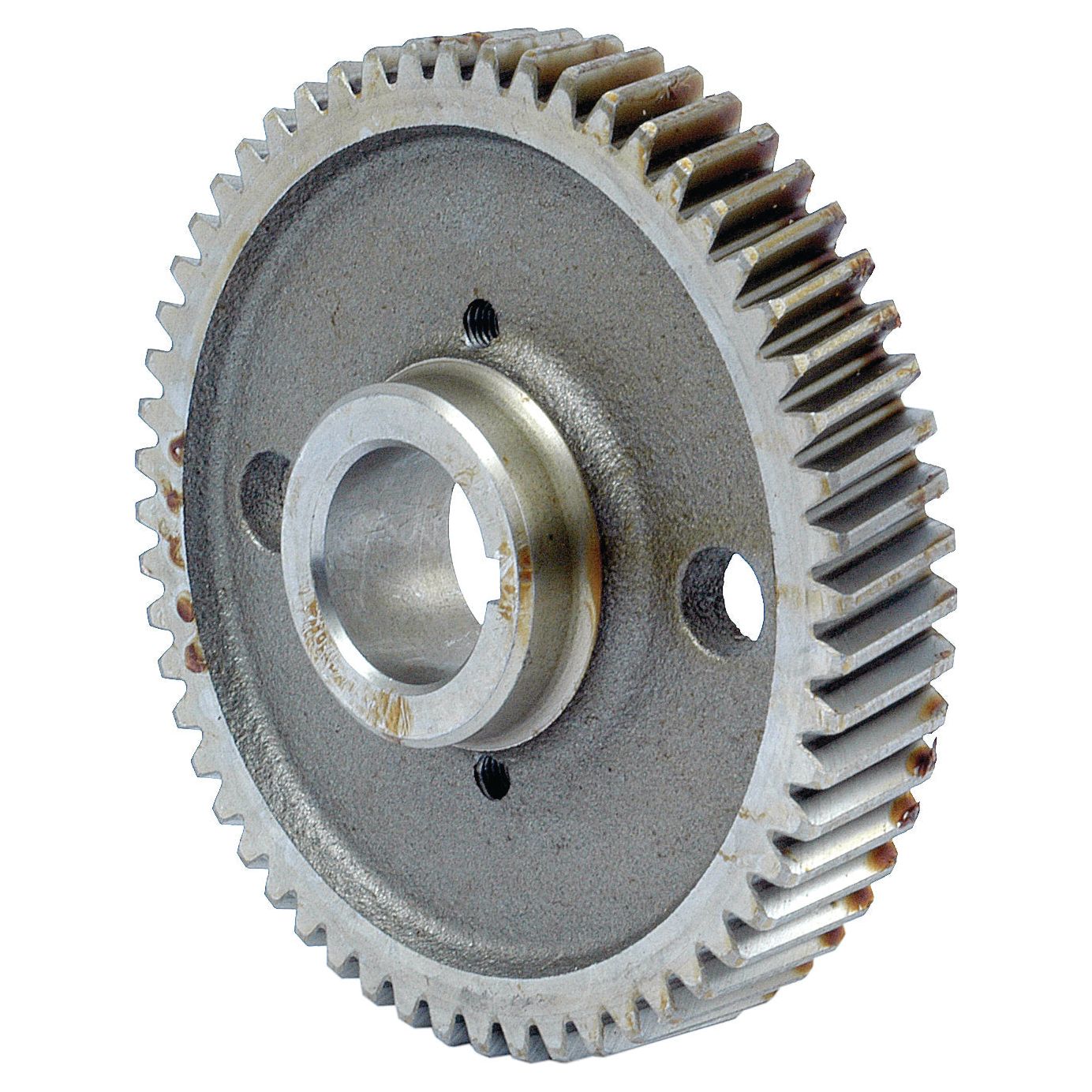 Close-up of the Sparex Camshaft Gear (model S.40522), featuring a metallic finish with a central hole and teeth around the edge, resembling a part from a Massey Ferguson machine.