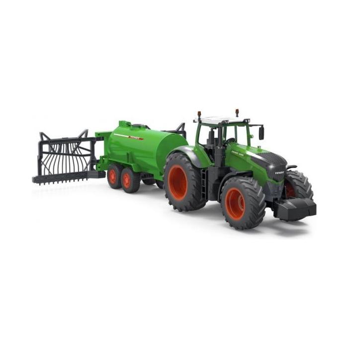 A green agricultural tractor, compatible with Fendt 1050 Vario, is attached to an AGCO-branded Fendt Tanker (X991019089000) liquid manure spreader with rear spraying equipment in a green and red color scheme.