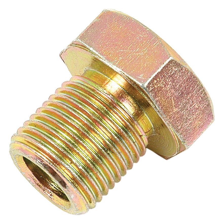 Close-up view of the Sump Plug (Sparex Part No. S.40530) by Sparex, displaying its shiny, metallic finish and hexagonal brass design with threaded sections, resembling a high-quality Landini component.