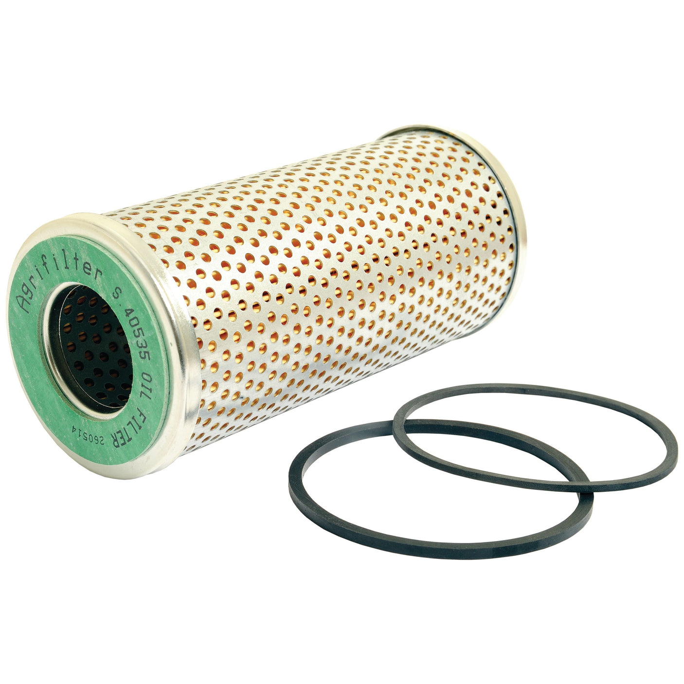 A cylindrical metal Oil Filter - Element (Sparex Part No.S.40535) with perforated sides is placed next to two black rubber gaskets.