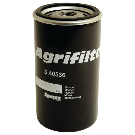 A black cylindrical oil filter labeled "Oil Filter - Spin On | Sparex Part No. S.40536" from the brand Sparex, featuring an anti-drain valve for optimal performance.