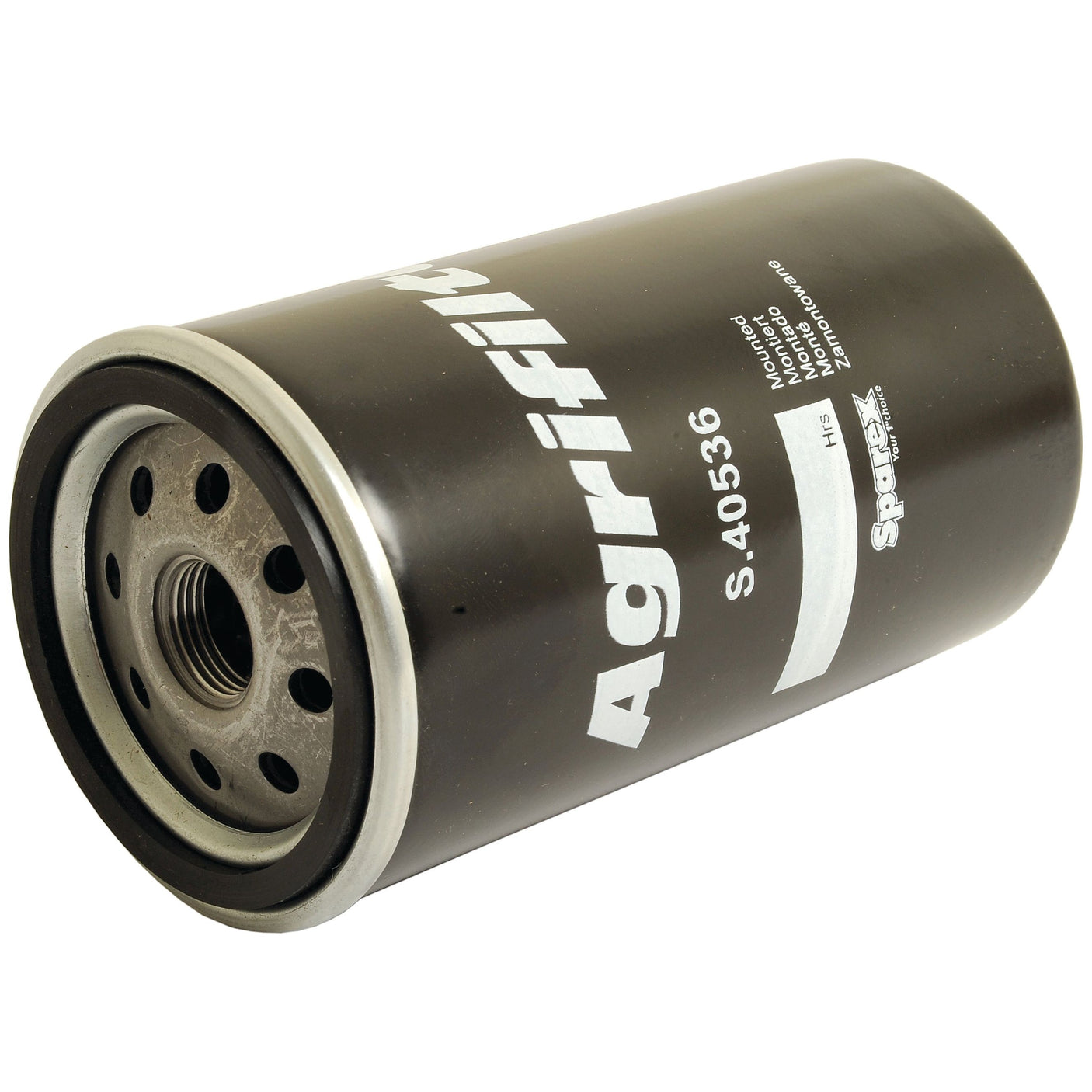 A black cylindrical oil filter cartridge with a threaded hole on one end, labeled "Sparex Oil Filter - Spin On S.40536.