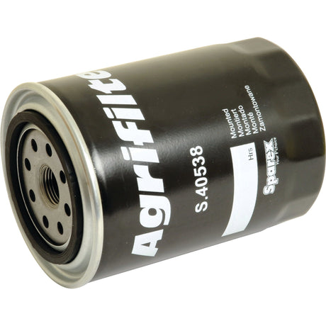 A black, cylindrical Sparex Oil Filter - Spin On (Part No. S.40538) with white text, displayed against a white background.