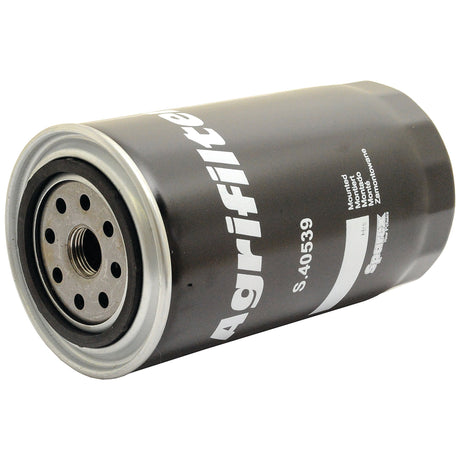 Close-up of a Sparex branded cylindrical oil filter, model S.40539, compatible with Case IH International Harvester machinery, featuring a metallic top and black body.