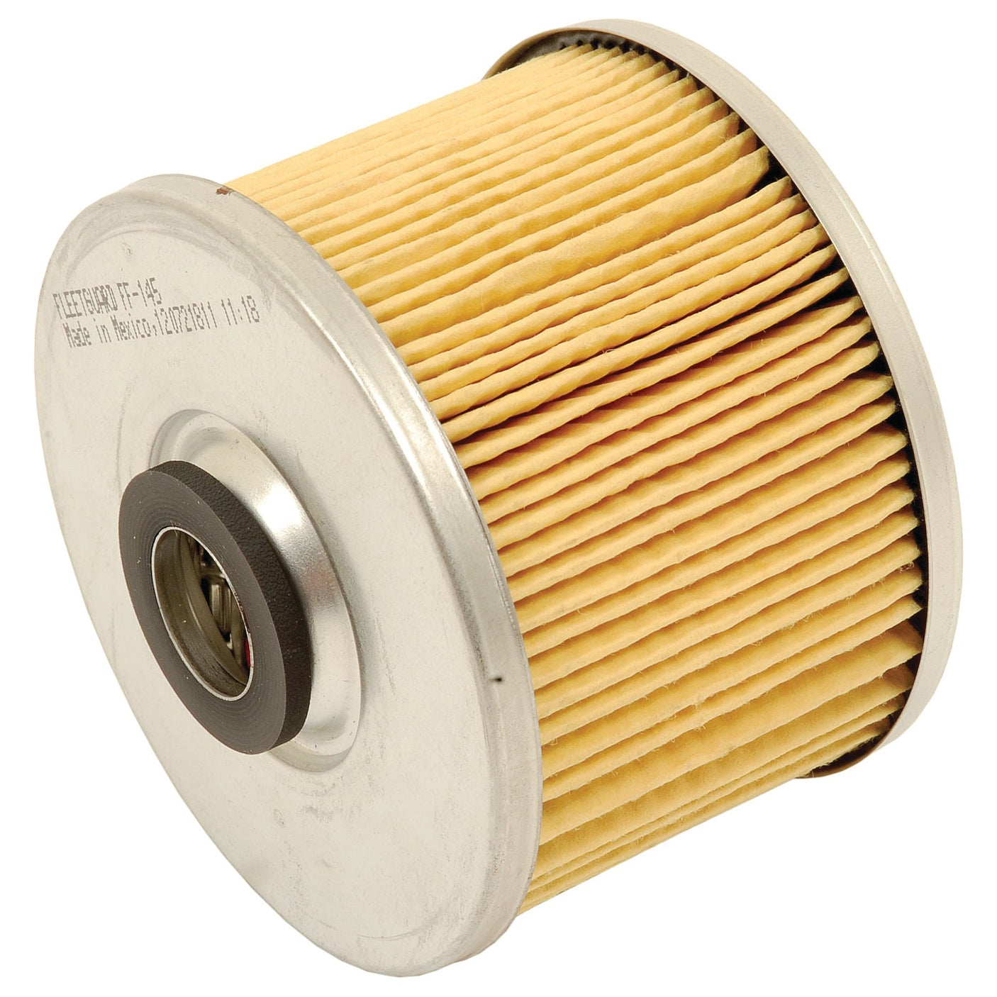 Close-up of a cylindrical pleated paper oil filter with metal end caps and a central rubber seal, similar in design to the Sparex Fuel Filter - Element - FF145 (Sparex Part No.S.40541) used in Case IH International Harvester machinery.