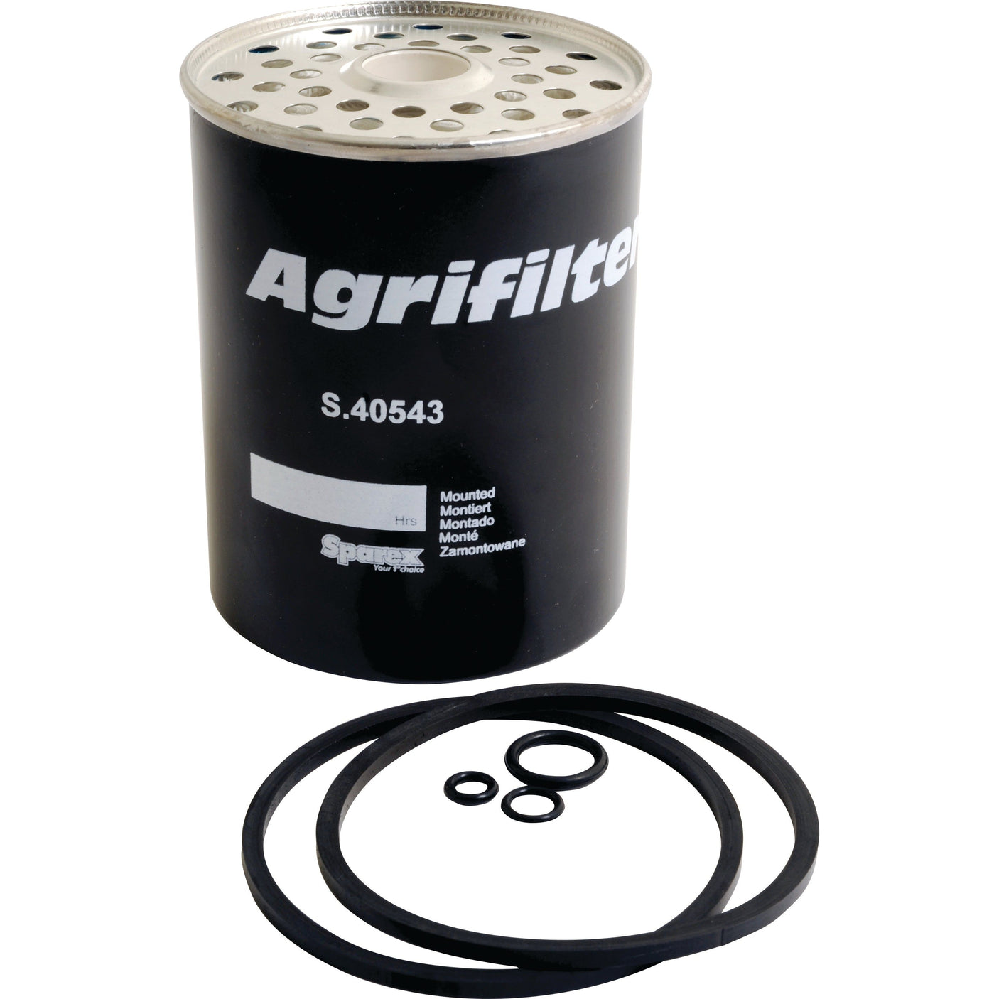 The Fuel Filter - Element Sparex Part No. S.40543 comes with mounting instructions and three rubber gaskets of various sizes, making it an ideal fuel filter for Perkins Build List users.