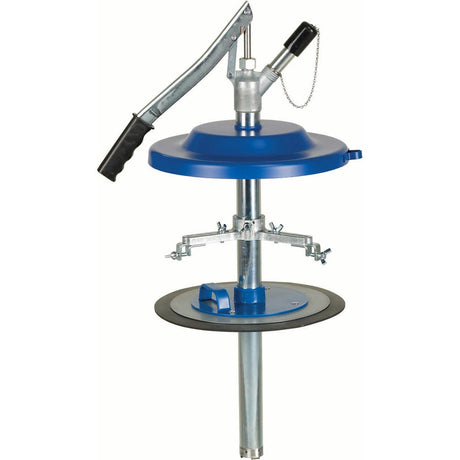 The Sparex Grease Gun Filler - 245mm (S.4054) features a blue lid, handle, and lever. It's designed for mechanical lubrication and includes a follower plate for efficient dispensing.