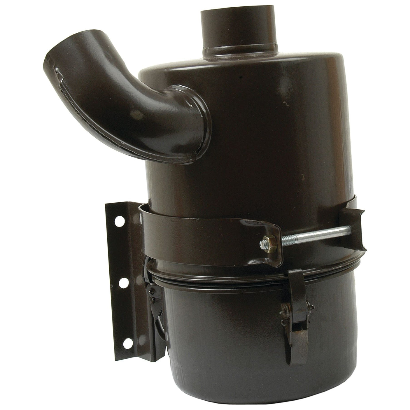 The Oil Bath Air Cleaner (Sparex Part No. S.40553) from Sparex features a cylindrical metal body, a curved inlet pipe, and a side-mounted metal bracket, designed for compatibility with Perkins A4.236 engines.