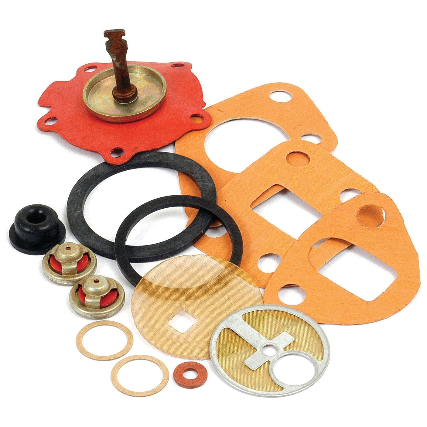 Sparex Fuel Lift Pump Repair Kit (Part No. S.40567) and other small mechanical parts, including Allis Chalmers components, meticulously arranged on a white surface.