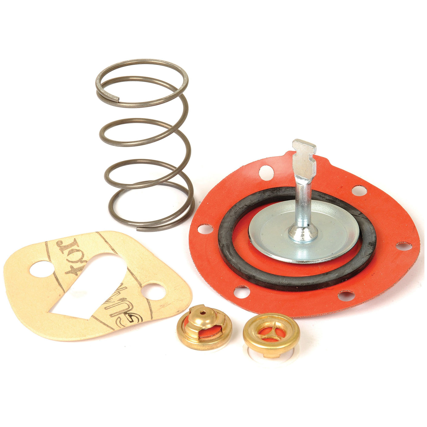 The Fuel Lift Pump Repair Kit (Sparex Part No.S.40568) by Sparex includes a metal spring, a red rubber gasket assembly, a beige cardboard gasket, and two brass valve pieces arranged on a white surface, suitable for Massey Ferguson machinery.