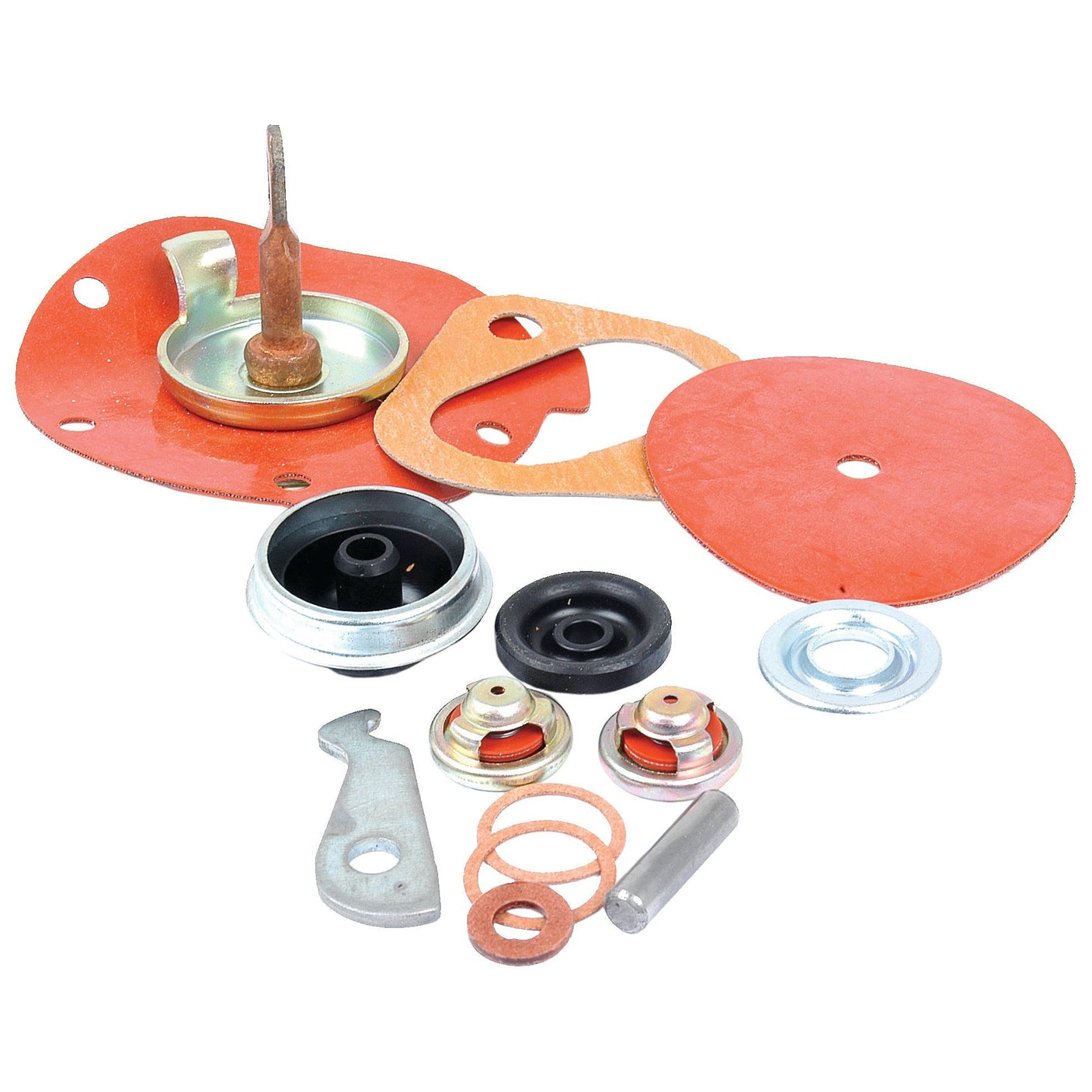 A collection of carburetor components, including diaphragms, gaskets, screws, and metal parts, neatly arranged on a plain white background—ideal for Allis Chalmers and Massey Ferguson enthusiasts—featuring the Fuel Lift Pump Repair Kit from Sparex (Part No. S.40569).