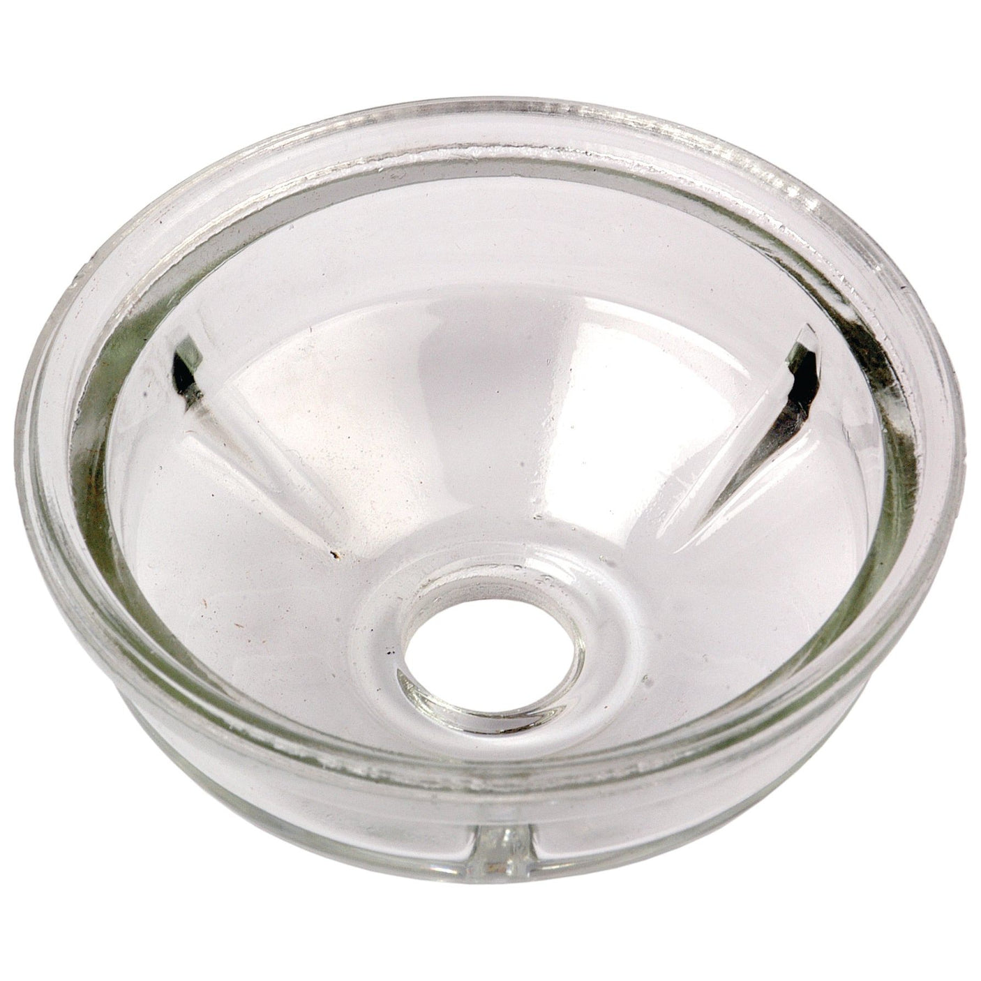 A clear, round glass bowl with a central hole, smooth surface, and slightly raised edges—ideal as a replacement fuel bowl for an Allis Chalmers 5040—available as the Sparex Fuel Bowl (Part No. S.40572).