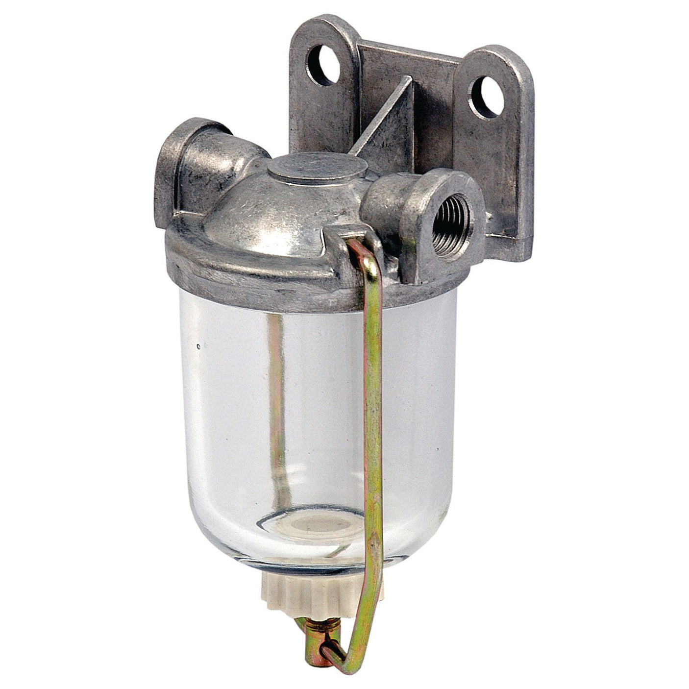 The Sparex Fuel Bowl Assembly (Part No. S.40573) is a transparent fuel filter assembly featuring a metal mounting bracket, threaded inlet and outlet ports, and a retaining clip at the lower end. It has a 1/2'' UNF thread for secure attachment, making it an ideal choice for Ford New Holland components.