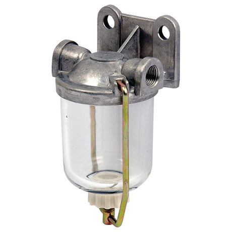 The Sparex Fuel Bowl Assembly (Part No. S.40573) is a transparent fuel filter assembly featuring a metal mounting bracket, threaded inlet and outlet ports, and a retaining clip at the lower end. It has a 1/2'' UNF thread for secure attachment, making it an ideal choice for Ford New Holland components.