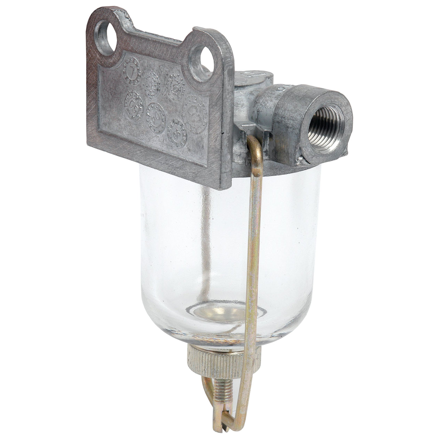 Image of the Sparex Fuel Bowl Assembly (Part No. S.40573), featuring a vintage glass fuel filter with a metal housing and a 1/2'' UNF thread on top. The glass bowl, secured by a metal clip, includes a drainage valve at the bottom. Ideal for Ford New Holland components or as part of Massey Ferguson parts restoration.