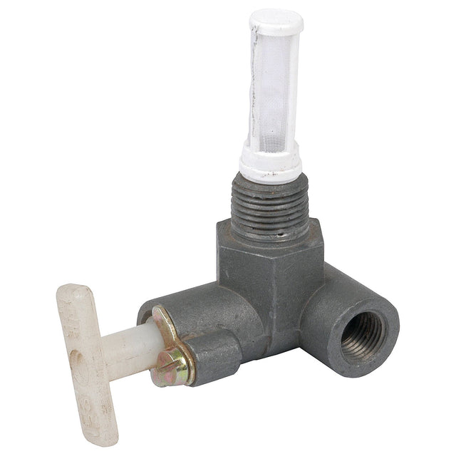 The Sparex Fuel Tap (Sparex Part No. S.40574) is a metal plumbing valve with a T-shaped handle, featuring a 3/8'' BSPT male thread on one end and a mesh filter on top.