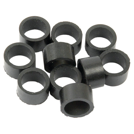 A cluster of black, cylindrical rubber grommets, specifically the Rubber Olive 7/16'' x 1/4'' x 1/4'' | Sparex Part No. S.40583, designed to fit models from Sparex and Landini.