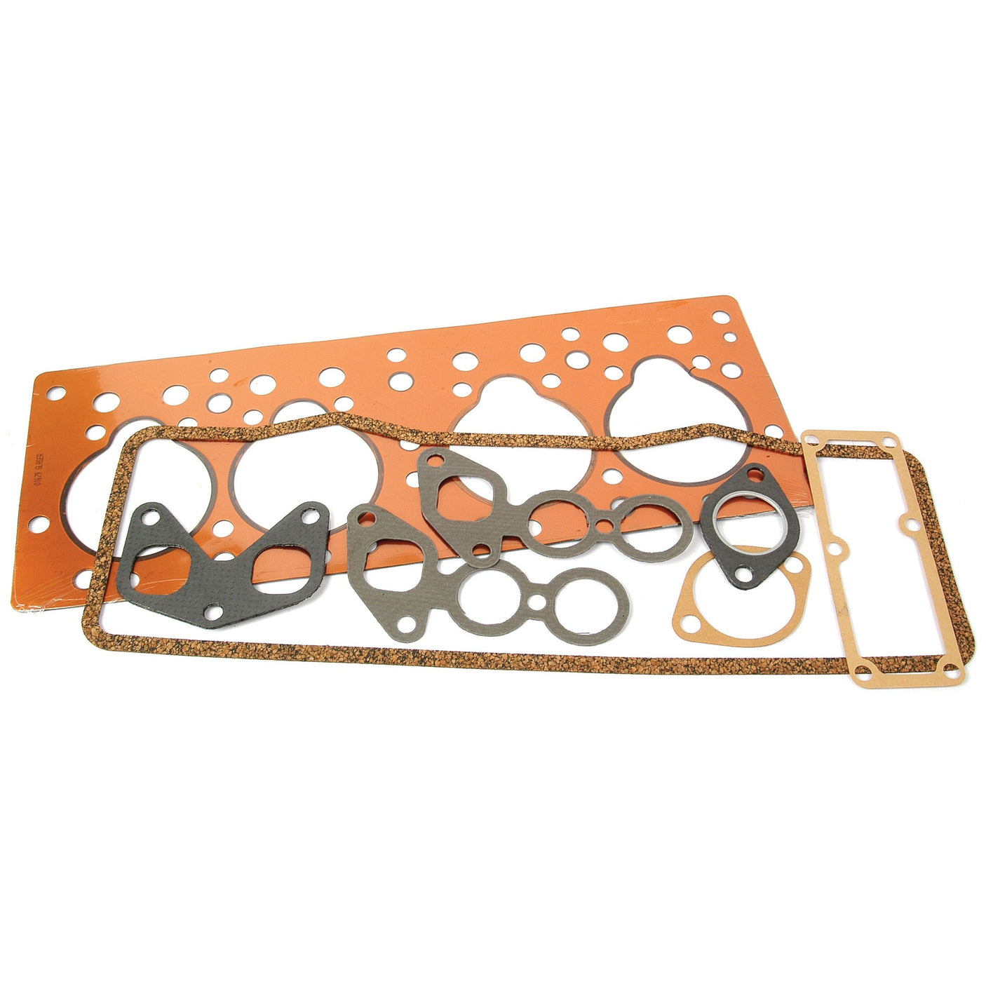 This Sparex Top Gasket Set - 4 Cyl. (20C) | Sparex Part No.S.40586 features an assortment of engine gaskets in various shapes and sizes, including a large orange gasket and multiple smaller gaskets made from different materials, ideal for Perkins Engine or Massey Ferguson applications. Ensure reliable performance for your machinery with this high-quality gasket set from Sparex.