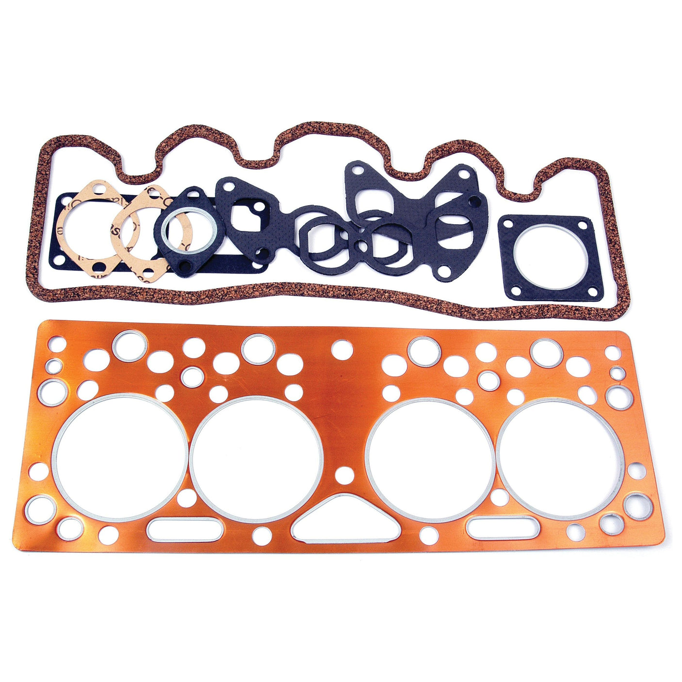 A Top Gasket Set for a 4 Cylinder (23C and F35) Diesel Engine from Sparex, Part No. S.40587, including a large metal gasket and several smaller rubber and composite gaskets, arranged on a white surface.