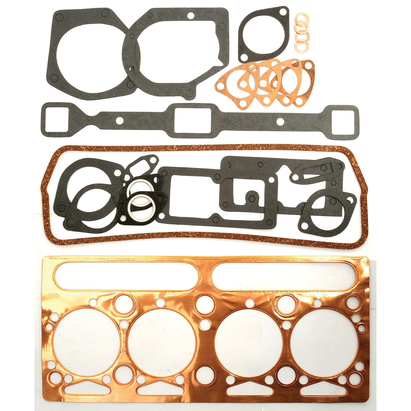 A set of assorted gaskets, including copper, rubber, and asbestos-free composite materials suitable for Perkins Engine Models, neatly arranged on a white background is available as the Top Gasket Set - 4 Cyl. (A4.203) under Sparex Part No.S.40591 by Sparex.