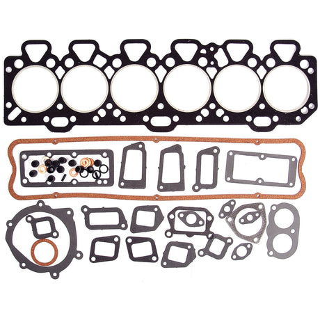 The Top Gasket Set for a Perkins engine (6 Cyl. A6.354, A6.354.4, AT6.354.1, T6.354.1) from Sparex (Part No.S.40597) includes multiple asbestos-free gaskets of various shapes and sizes arranged in rows on a white background.
