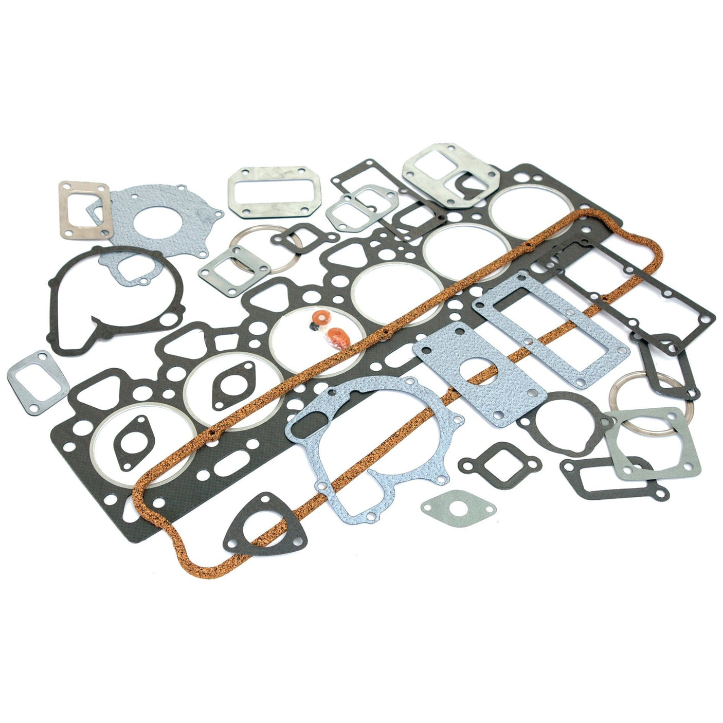 A collection of various automotive gaskets and seals, including a Sparex Top Gasket Set - 6 Cyl. (Part No. S.40598) for a Massey Ferguson, spread out on a white background.