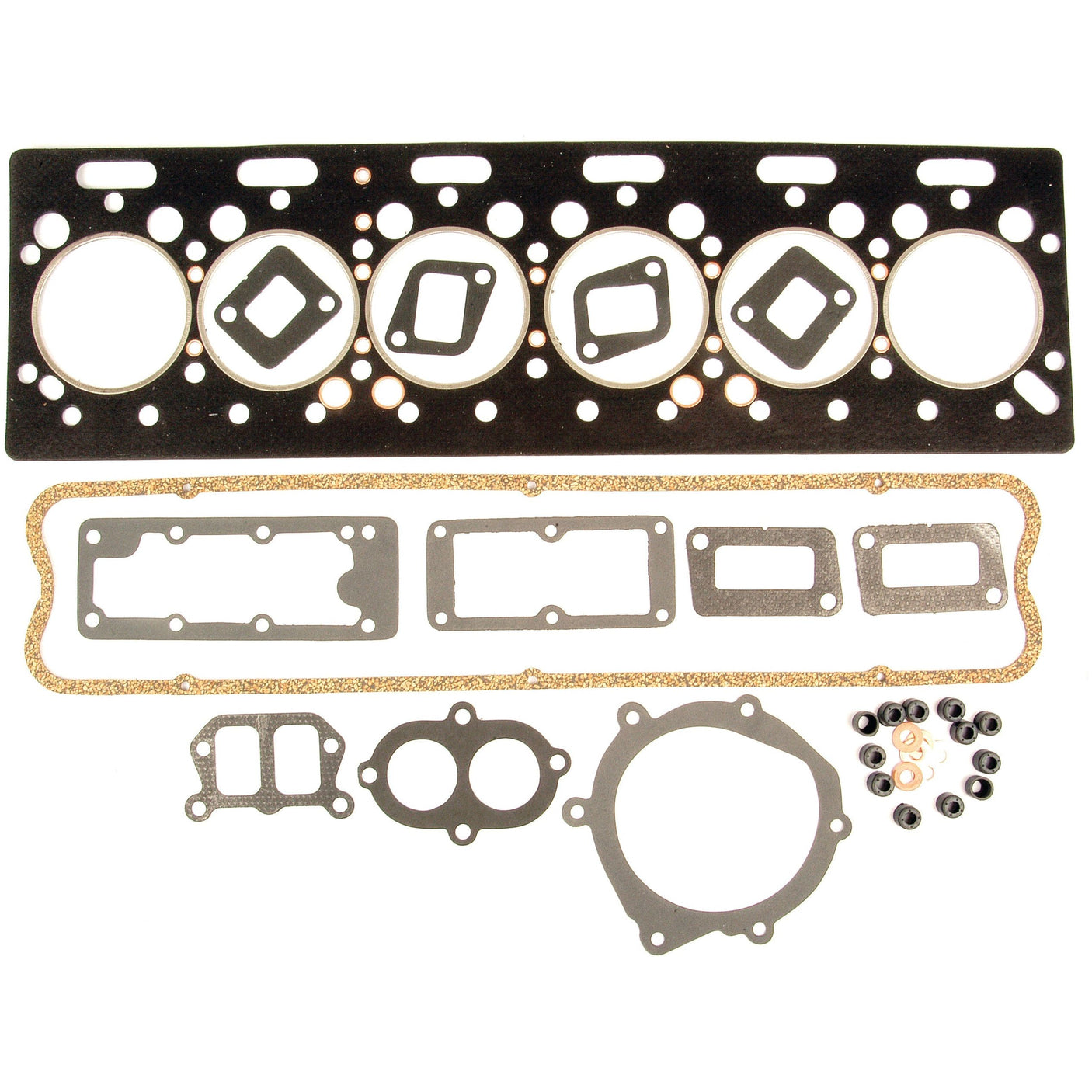 A variety of engine gaskets and seals, including head gaskets and other components from the Sparex Top Gasket Set - 6 Cyl. (A6.354, A6.354.1, AT6.354.1, T6.354.1) | Sparex Part No.S.40599 for Perkins engines, arranged on a white background.
