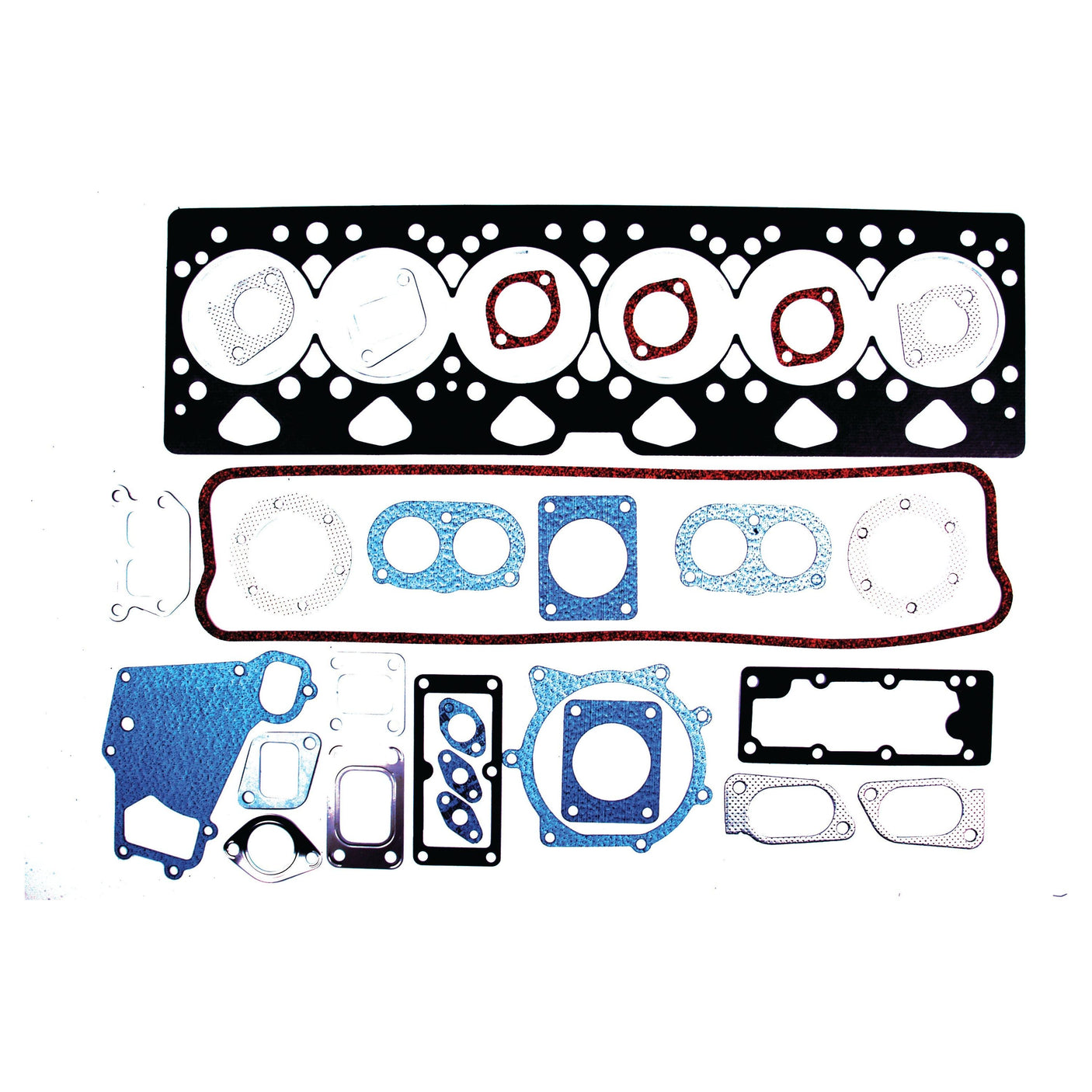 A variety of engine gaskets, including the Sparex Top Gasket Set - 6 Cyl. (A6.354, A6.354.1, A6.354.4), Sparex Part No.S.40601 for Perkins Engine and Massey Ferguson, are arranged on a white background.