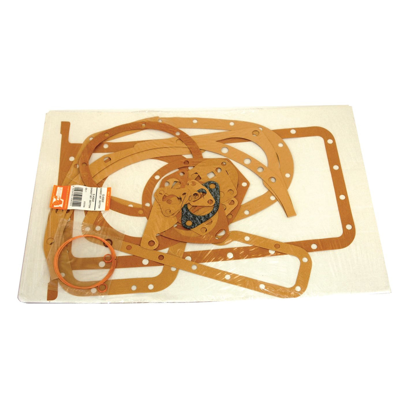 A flat set of variously shaped brown gaskets and one orange O-ring, arranged on a white background. The Sparex Bottom Gasket Set - 4 Cyl. (Sparex Part No.S.40602) is ideal for ensuring a reliable seal for your 4 Cyl Massey Ferguson machinery.