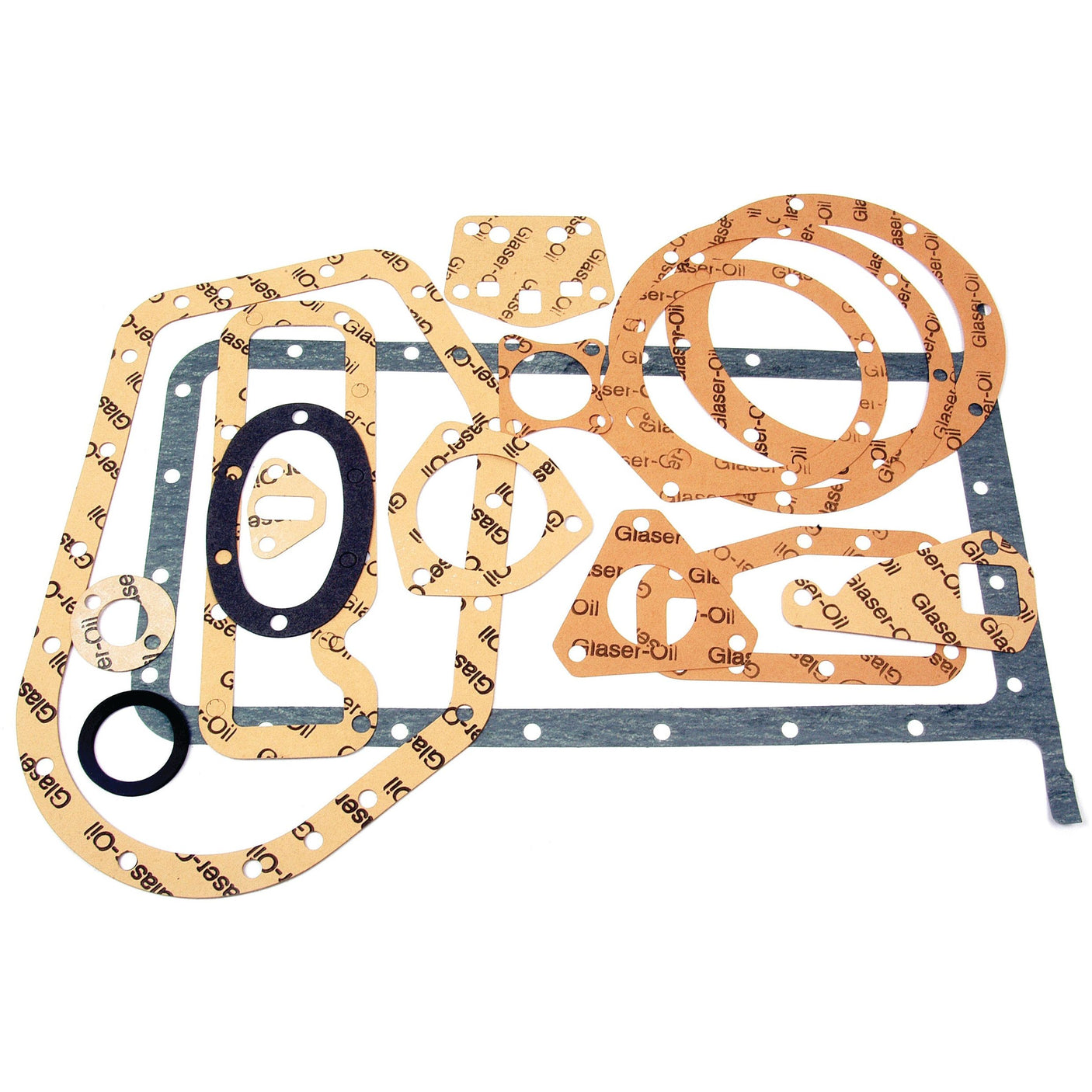 A set of variously shaped gaskets and seals, crafted from different materials and perfect for maintaining your Perkins Engine or Massey Ferguson equipment, featuring the Bottom Gasket Set - 4 Cyl. (23C, A3.152) from Sparex (Sparex Part No.S.40603), laid out on a flat surface.