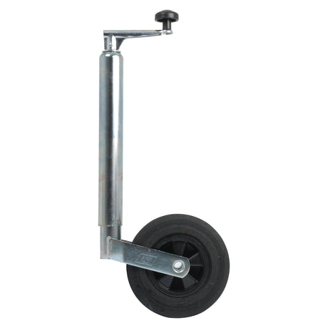 The Sparex Jockey Wheel Jack, Tube Ø 48mm - S.4063, is a metal trailer jockey wheel constructed from steel and equipped with a black rubber tire and an adjustable vertical support arm. Pictured against a plain white background, this Simol product can support a maximum static load of 100kg.