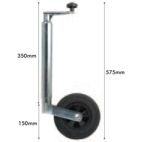 Side view of a Sparex Jockey Wheel Jack, Tube Ø 48mm - S.4063 with a vertical arm attachment. Dimensions: 350mm arm length, 575mm total height, and 150mm wheel diameter. Maximum Static Load: 100kg.