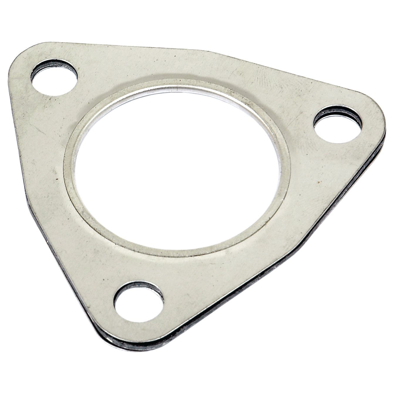 A triangular metal flange with a central circular opening and three evenly spaced bolt holes, found at each corner, typically used for connecting the manifold to the elbow on a Massey Ferguson tractor or Perkins Engine, is known as the Exhaust Manifold Gasket (Sparex Part No. S.40645) from Sparex.