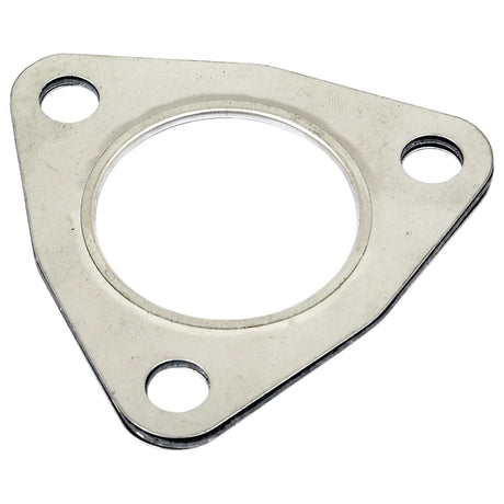 A triangular metal flange with a central circular opening and three evenly spaced bolt holes, found at each corner, typically used for connecting the manifold to the elbow on a Massey Ferguson tractor or Perkins Engine, is known as the Exhaust Manifold Gasket (Sparex Part No. S.40645) from Sparex.