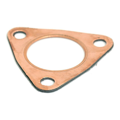 The Exhaust Manifold Gasket by Sparex (Sparex Part No. S.40646) is a triangular metal gasket designed specifically for a Ford Perkins Engine. It features three circular bolt holes and a central large hole, making it ideal for connecting a manifold to a 180° elbow.