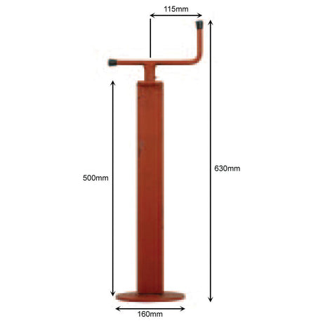 The Sparex Parking Jack 800Kg - S.4064 is a red, cylindrical steel stand that measures 630mm in height with a top handle extending 115mm wide. It stands on a circular base of 160mm and offers an adjustable height of up to 300mm, supporting a maximum static load of 800kg.