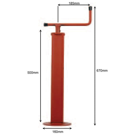 The Sparex Parking Jack 1000Kg - S.4065 is a red steel manual jack stand with a handle, measuring 670mm in height, 160mm in base width, and featuring a handle length of 185mm. It has a maximum adjustment of 300mm and can support a maximum static load of 1000Kg.