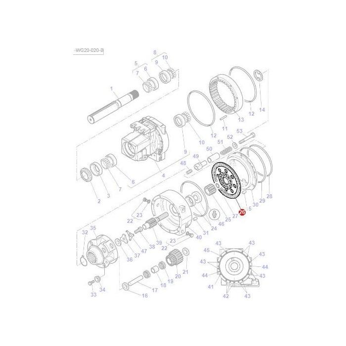 Exploded diagram of the mechanical assembly for the Massey Ferguson 7600 Series, detailing various components such as the AGCO Brake Disc (50kph, part number 4313378M1), gears, shafts, and fasteners, with numbered labels for each part.