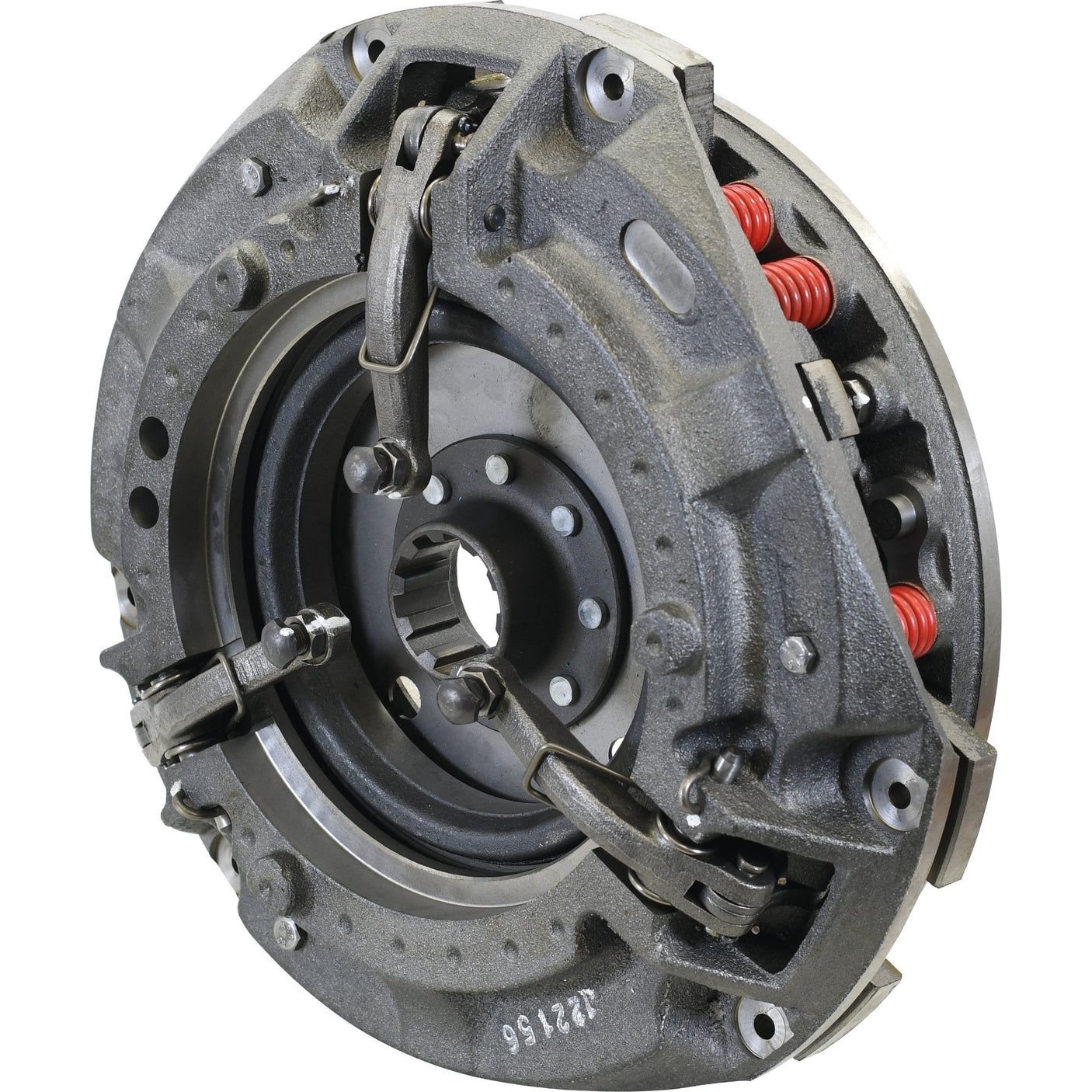 The Sparex Clutch Cover Assembly - S.40679, a heavy-duty mechanical clutch encased in a durable cast iron housing, features visible springs and levers, making it ideal for automotive and industrial machinery applications.