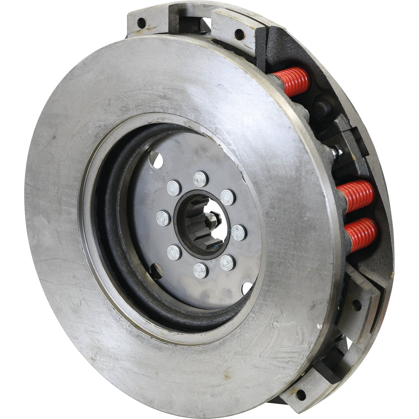 Close-up of the Clutch Cover Assembly - S.40679 by Sparex, showcasing a round metal structure with red springs, bolts, and a central gear connection encased in a durable cast iron housing.