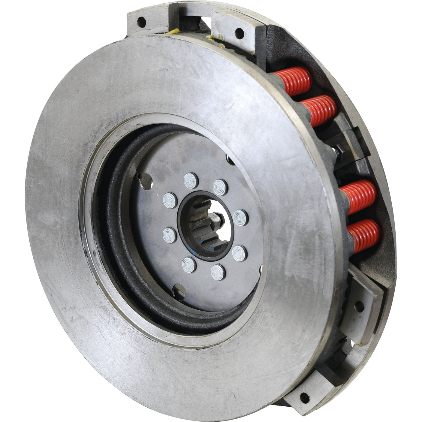 Close-up of the Sparex Clutch Cover Assembly - S.40681 with a captive disc, featuring visible red springs and multiple bolts, used in automotive applications to transmit torque from the engine to the drivetrain.