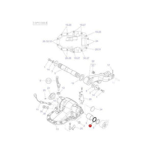 Exploded view diagram of a mechanical assembly, showing various components including a shaft, gears, and fasteners, with numbered parts and one part highlighted in red. This is indicative of the precision engineering found in Massey Ferguson tractors featuring components like the AGCO O Ring Cross Shaft (70923580).