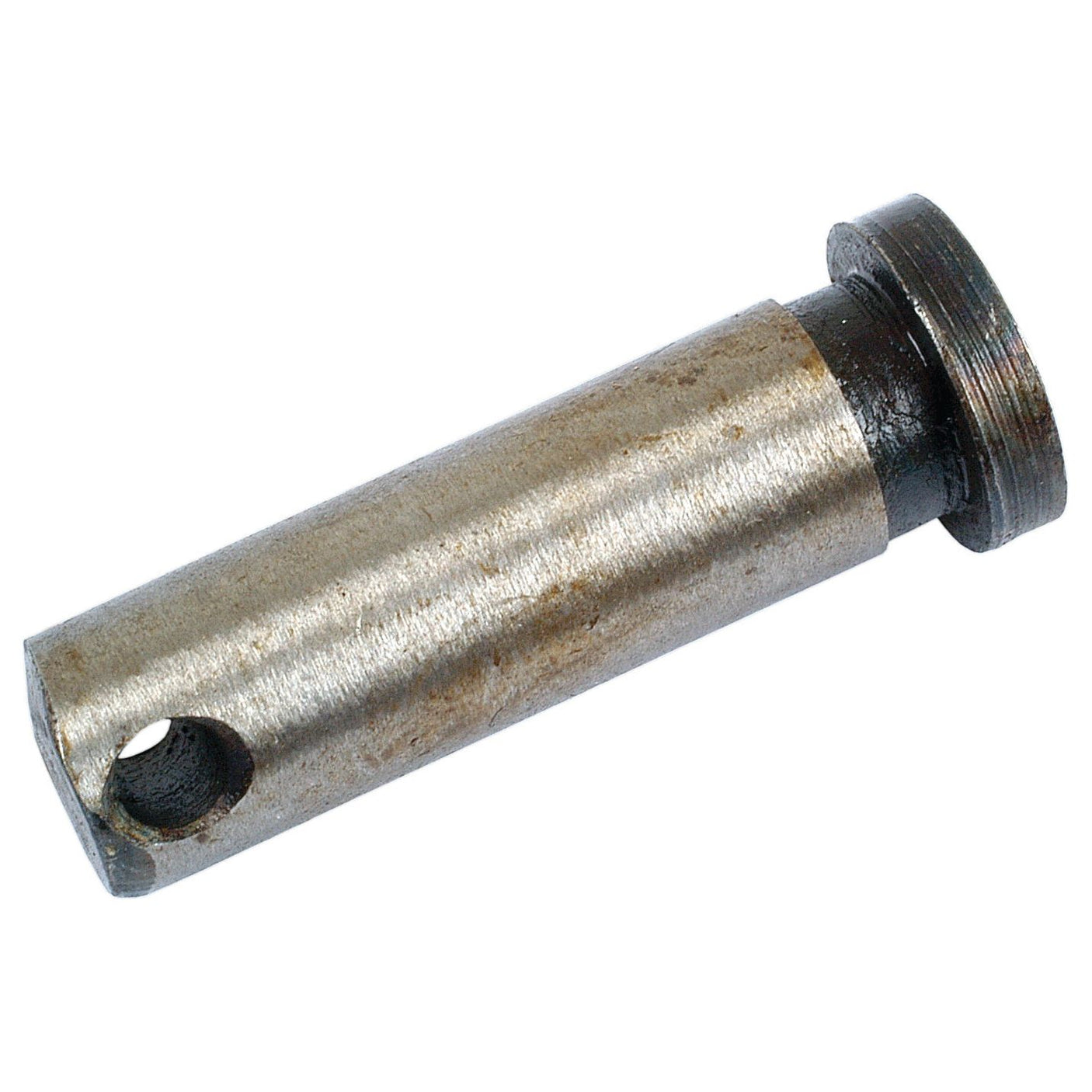 A metallic cylindrical pin with a hole near one end and a flanged base, reminiscent of the robust design you'd find in a Sparex Imperial Clevis Pin Ø0.374'''' (Sparex Part No. S.40692).