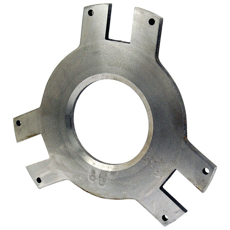 The Clutch Pressure Plate (Sparex Part No. S.40717) by Sparex is a round metal friction plate featuring a large central hole, four protruding tabs, and multiple smaller holes at the edges, commonly used in Massey Ferguson tractors.