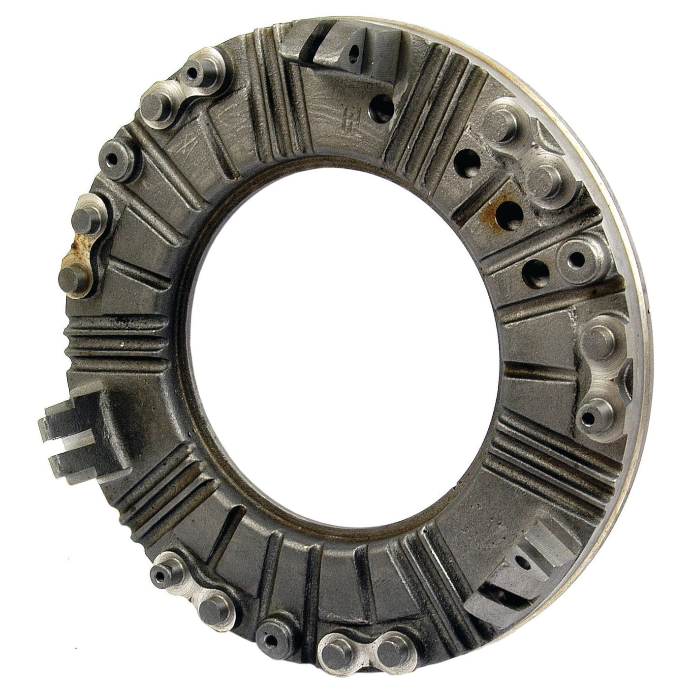 A metal circular component featuring multiple bolts and intricate detailing, which appears to be part of machinery or an automotive system, likely corresponds to the Clutch Pressure Plate by Sparex, Part No. S.40723.