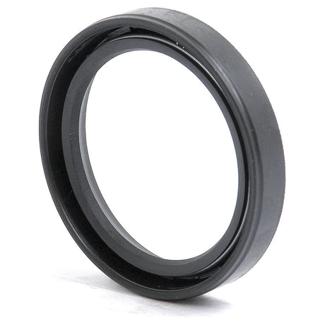 Close-up of a Sparex Imperial Rotary Shaft Seal, 1 3/4'' x 2 1/4'' x 3/8'' Single Lip (Sparex Part No. S.40741), with a black rubber exterior and metal inner diameter, standing upright on a white background.