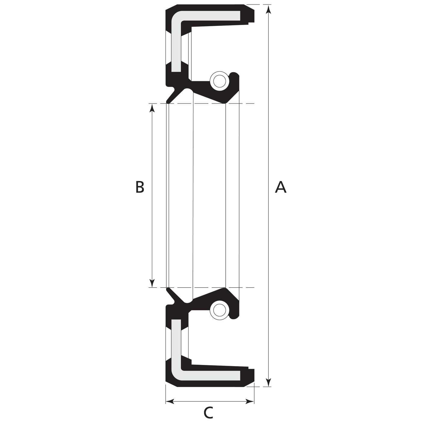 Technical drawing depicting a cross-sectional view of a structural component, featuring an Imperial Rotary Shaft Seal, 1 5/8'' x 1 15/16'' x 1/4'' Double Lip (Sparex Part No. S.40742), with measurements labeled A, B, and C.