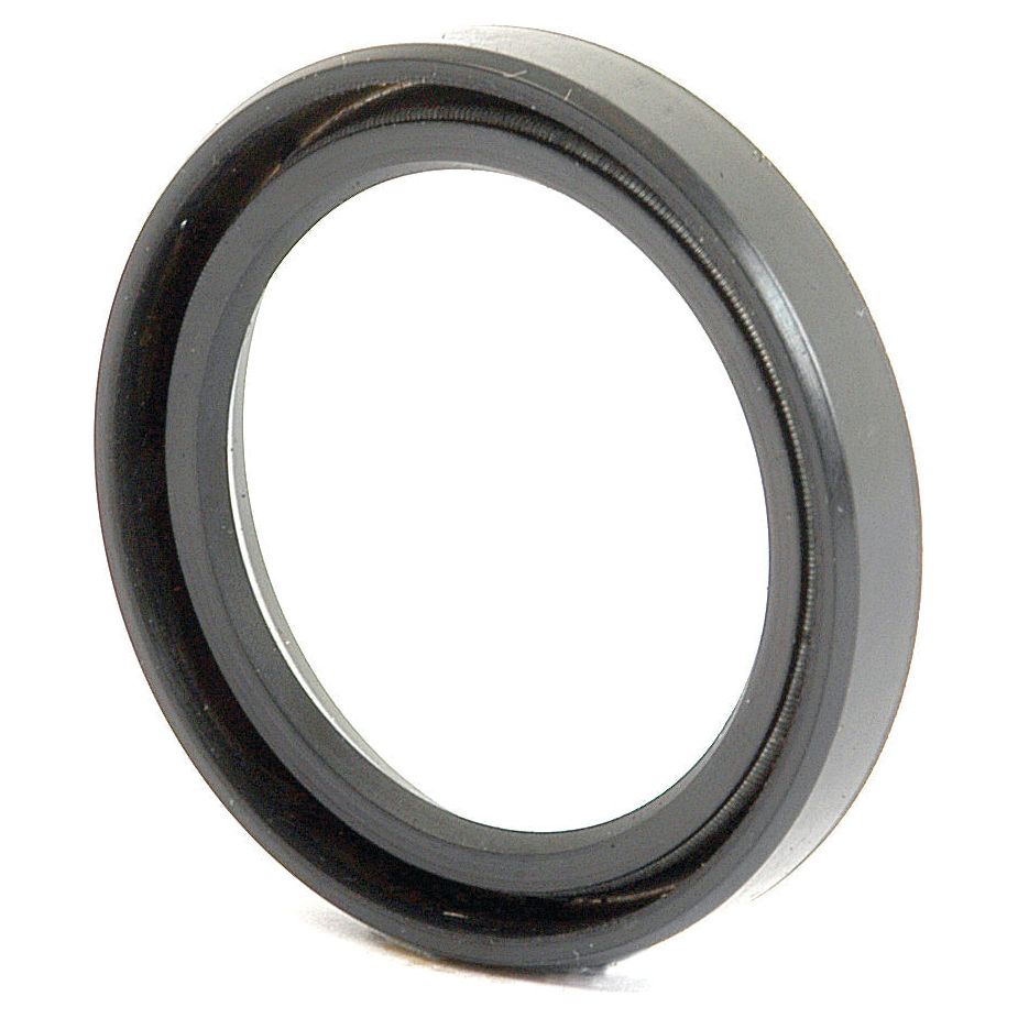 Close-up of the Sparex Imperial Rotary Shaft Seal, part number S.40747, featuring a black rubber construction with a reflective inner surface and ridged outer edges, designed for mechanical applications to prevent fluid leakage. This 1 1/8'' x 1 1/2'' x 1/4'' seal is compatible with Massey Ferguson machinery.