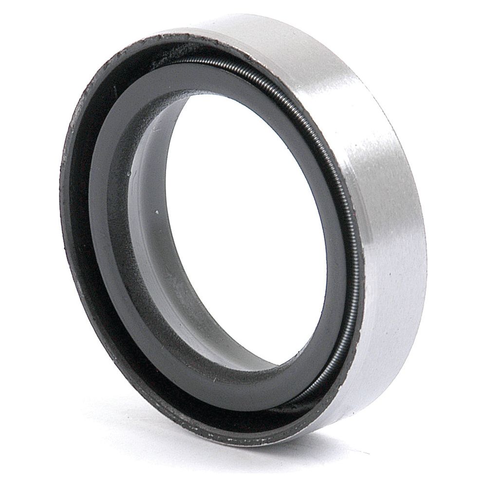 Close-up of a metal and rubber industrial seal ring, circular in shape, used for sealing and preventing fluid leakage in machinery, specifically an Imperial Rotary Shaft Seal (1 1/8'' x 1 5/8'' x 3/8'') by Sparex, Part No. S.40748.